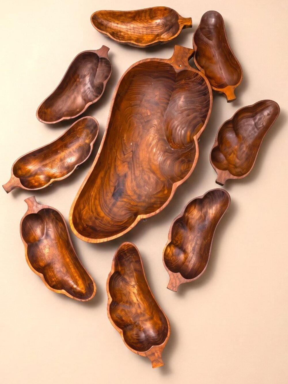Vintage Monkey Pod Wood Leaf Salad Bowls Set of 9 Hand Carved MCM Tropical Decor